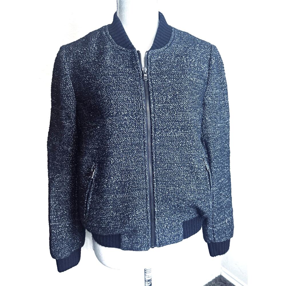 Loft black Tweed Bomber jacket Full Zip Textured Boucle Classic Minimalist Sz M